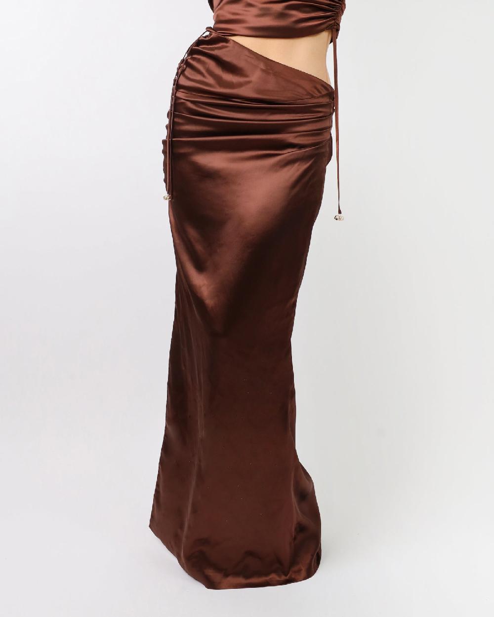 Simmi Chocolate Satin Drape Maxi Skirt