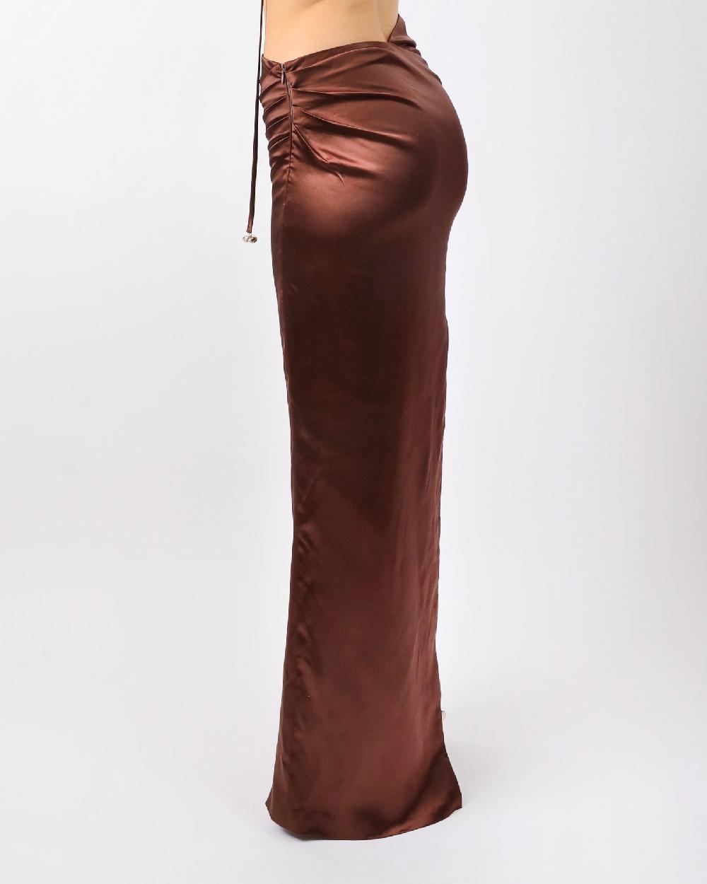 Simmi Chocolate Satin Drape Maxi Skirt