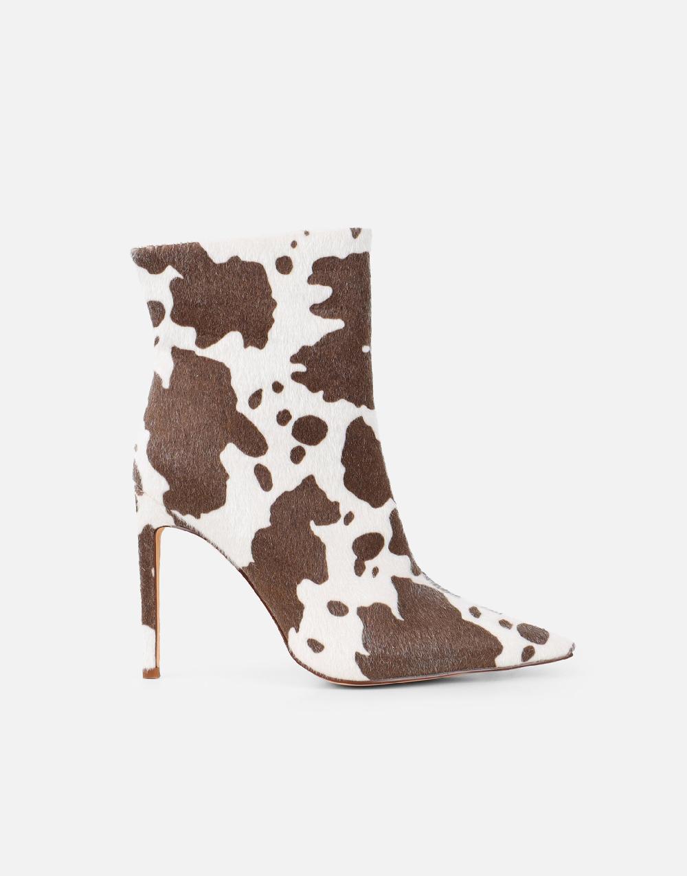 Simmi Cow Print Heeled Ankle Boots