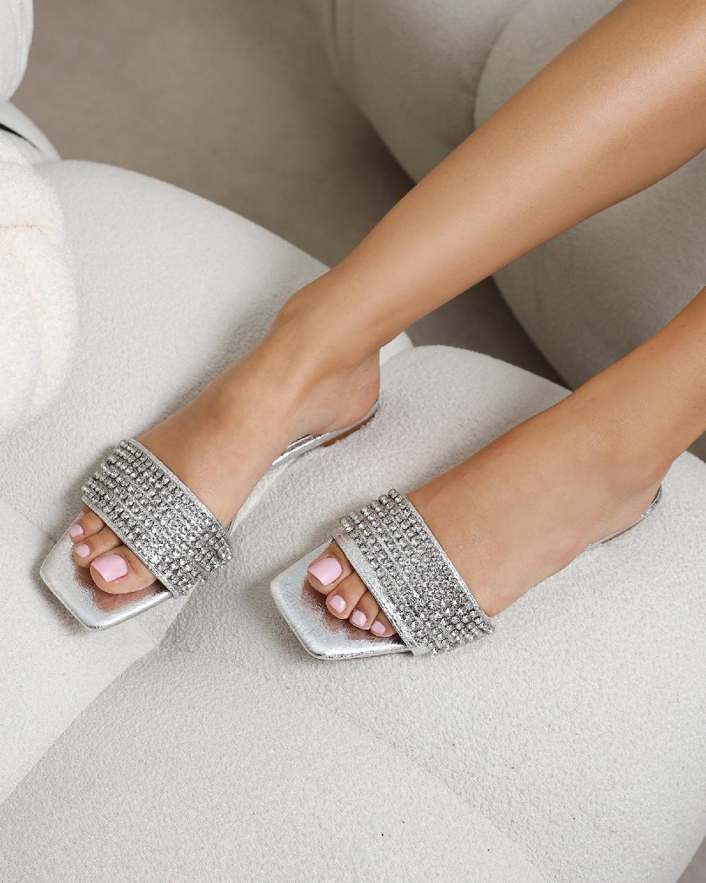 Simmi Cracked Silver Diamante Flats