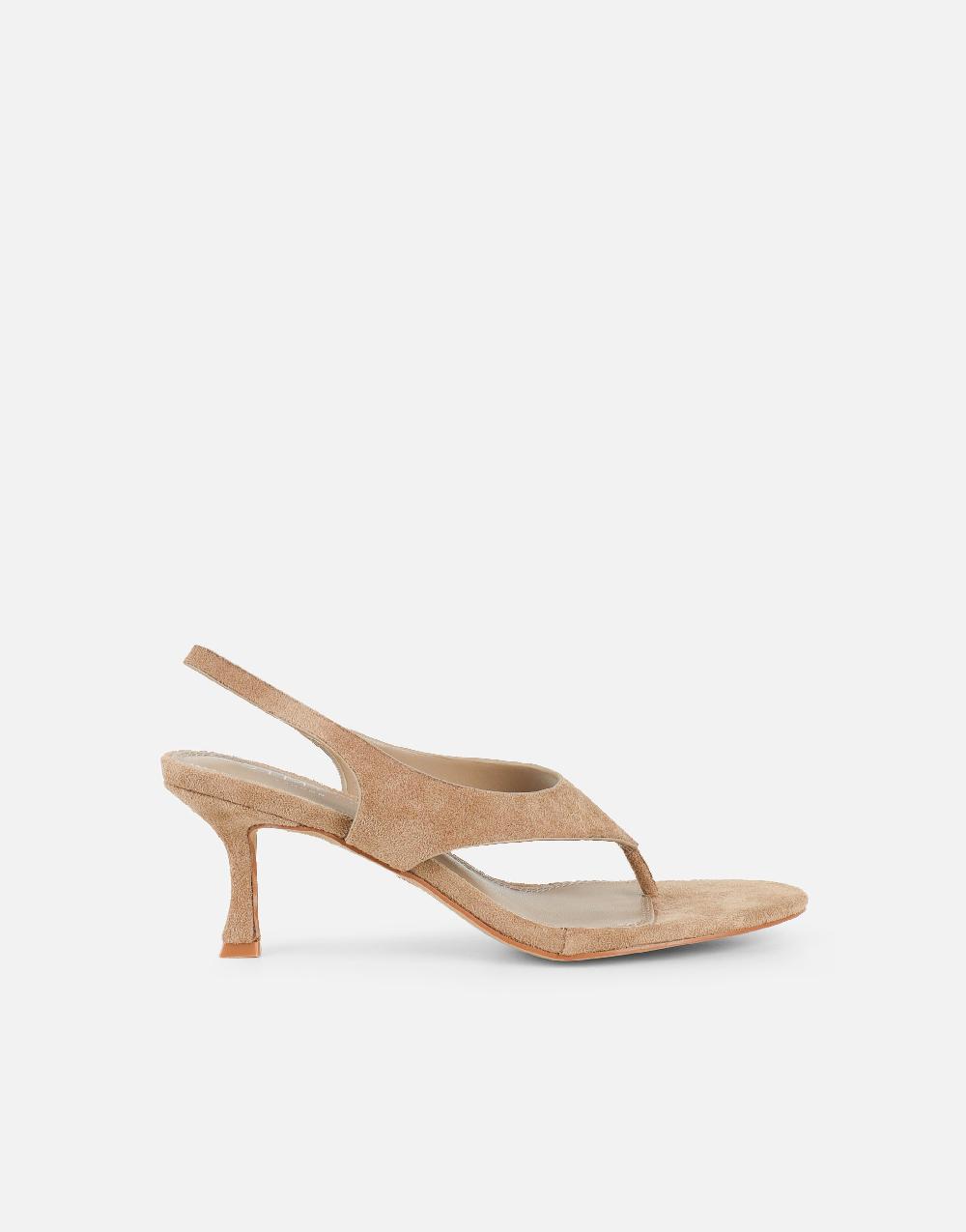 Simmi Dark Beige Suede Toe Thong Heeled Sandals