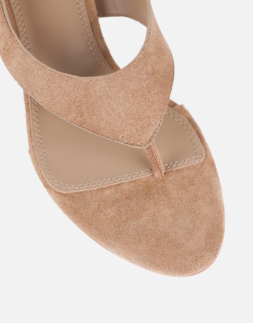 Simmi Dark Beige Suede Toe Thong Heeled Sandals