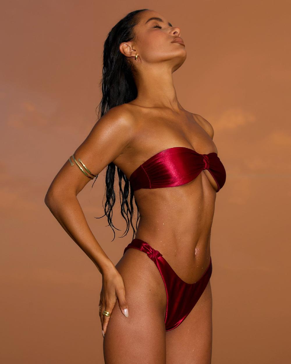 Simmi Deep Red Satin Knot Detail Bikini Set