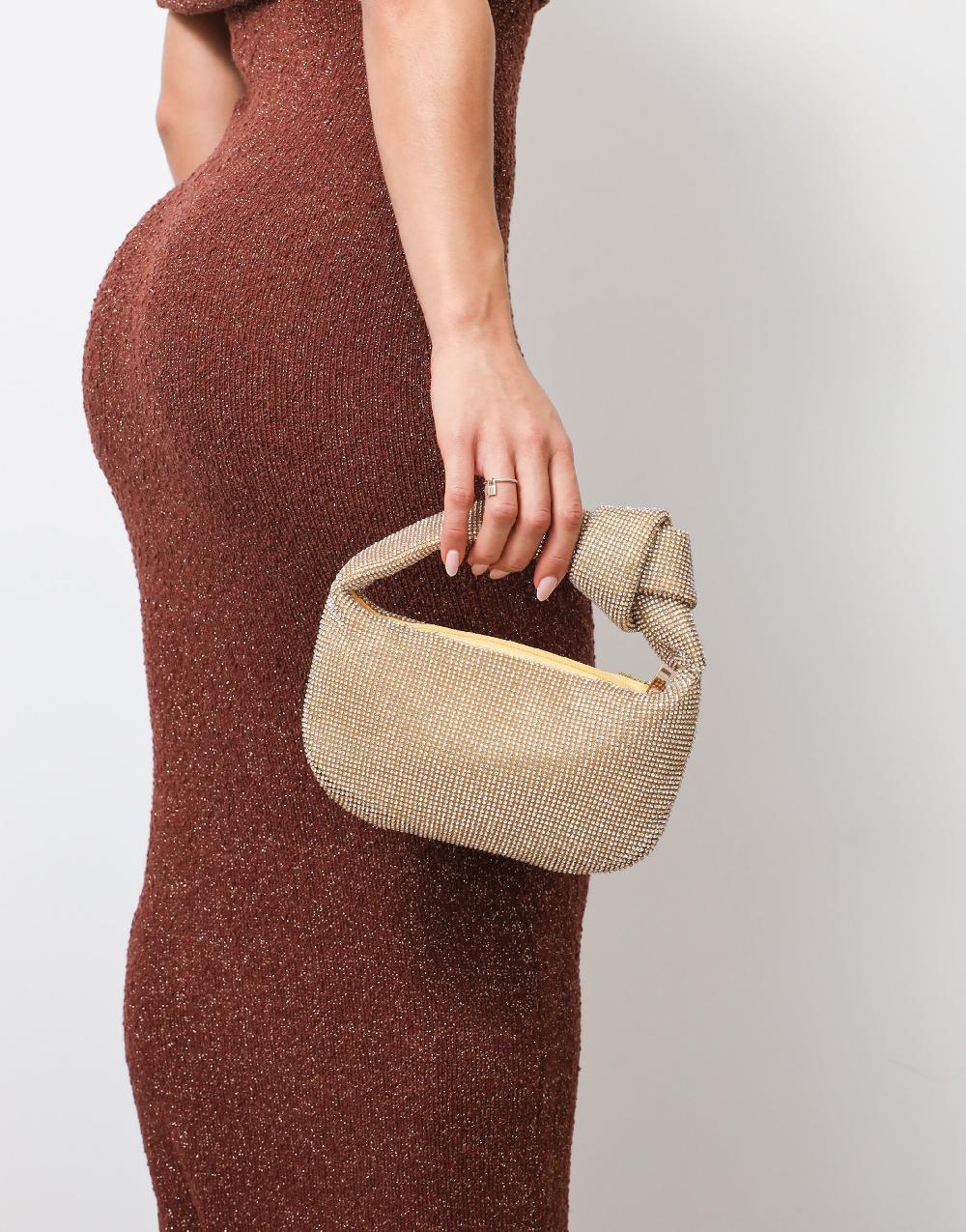 Simmi Gold Diamante Knot Detail Handbag