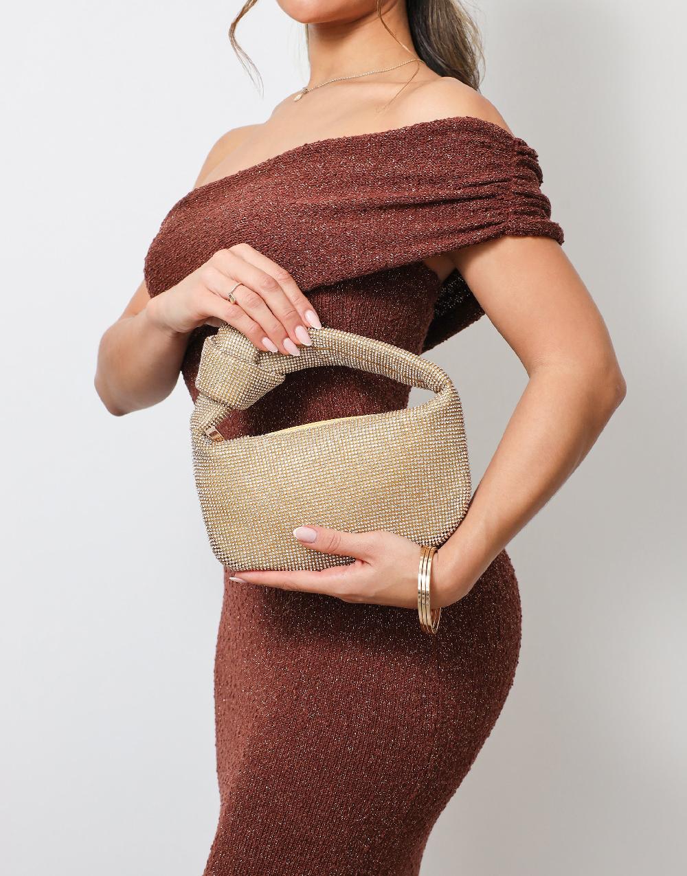 simmi Gold Diamante Knot Detail Handbag