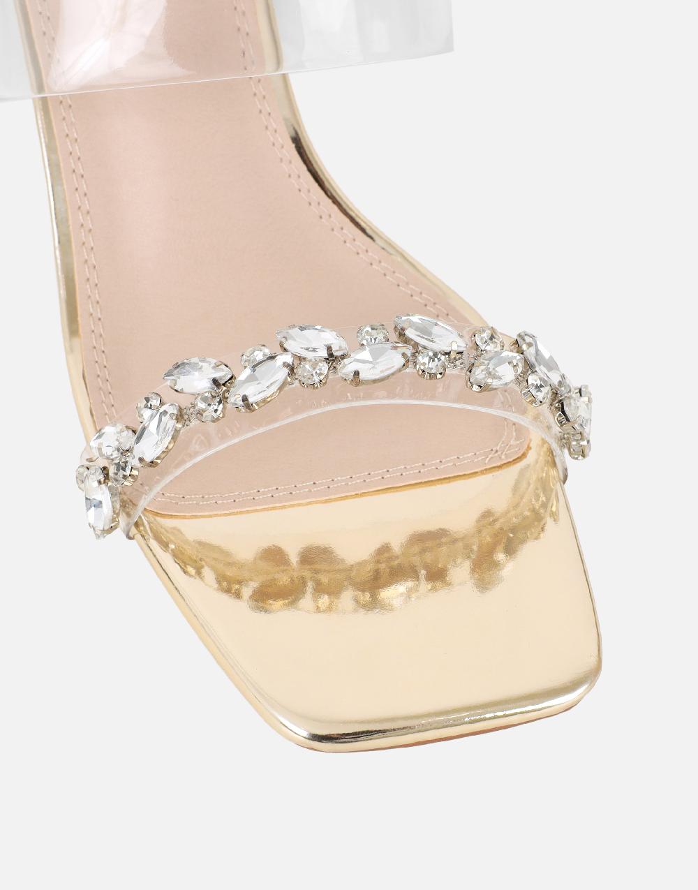 Simmi Gold Mirror Clear Diamante Mules