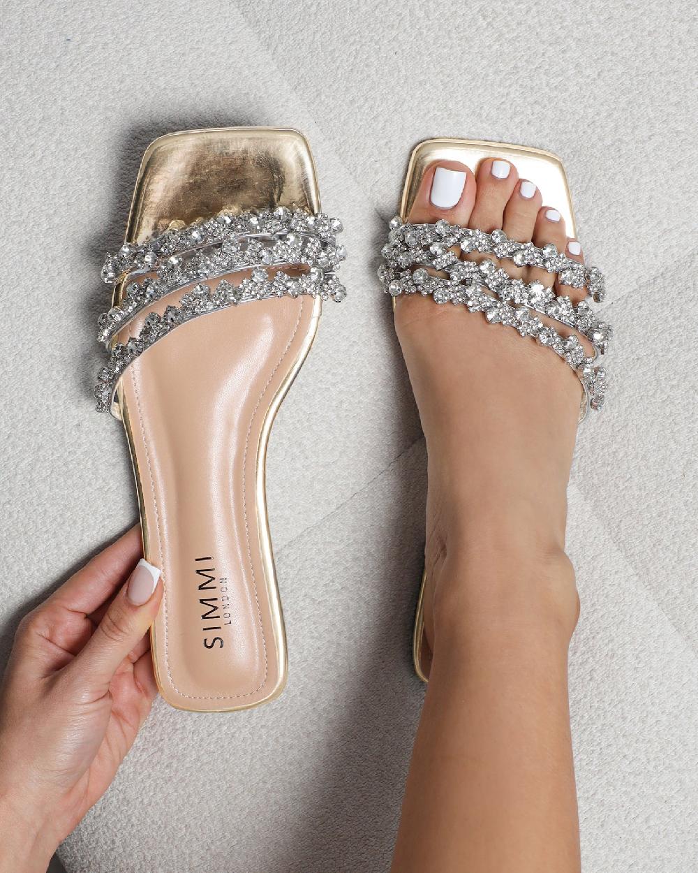 simmi Gold Mirror Diamante Flat Sandals