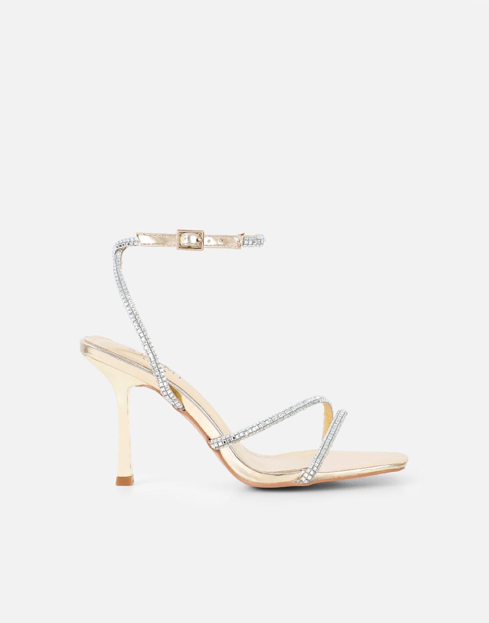 Simmi Gold Mirror Diamante Heeled Sandals