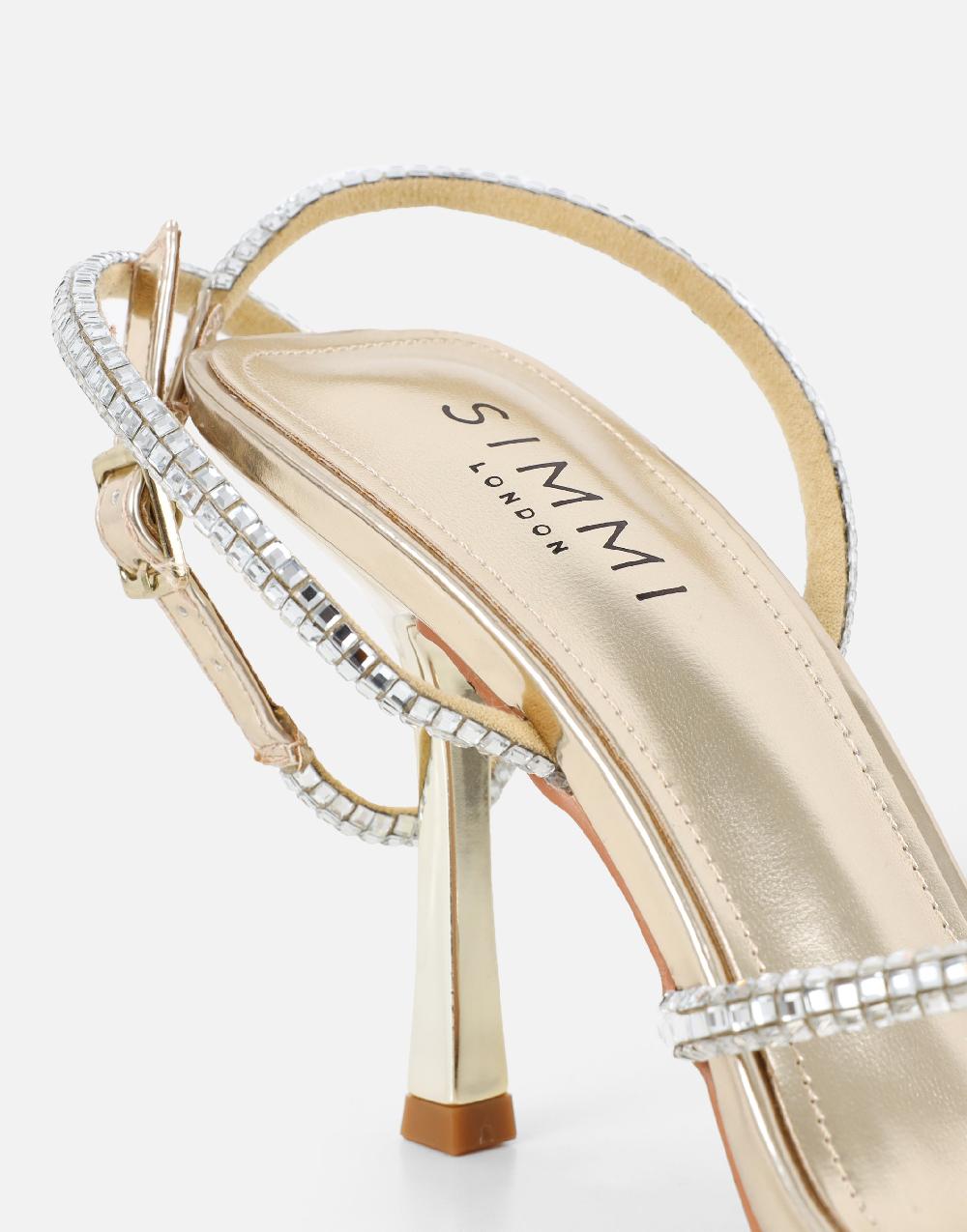 Simmi Gold Mirror Diamante Heeled Sandals