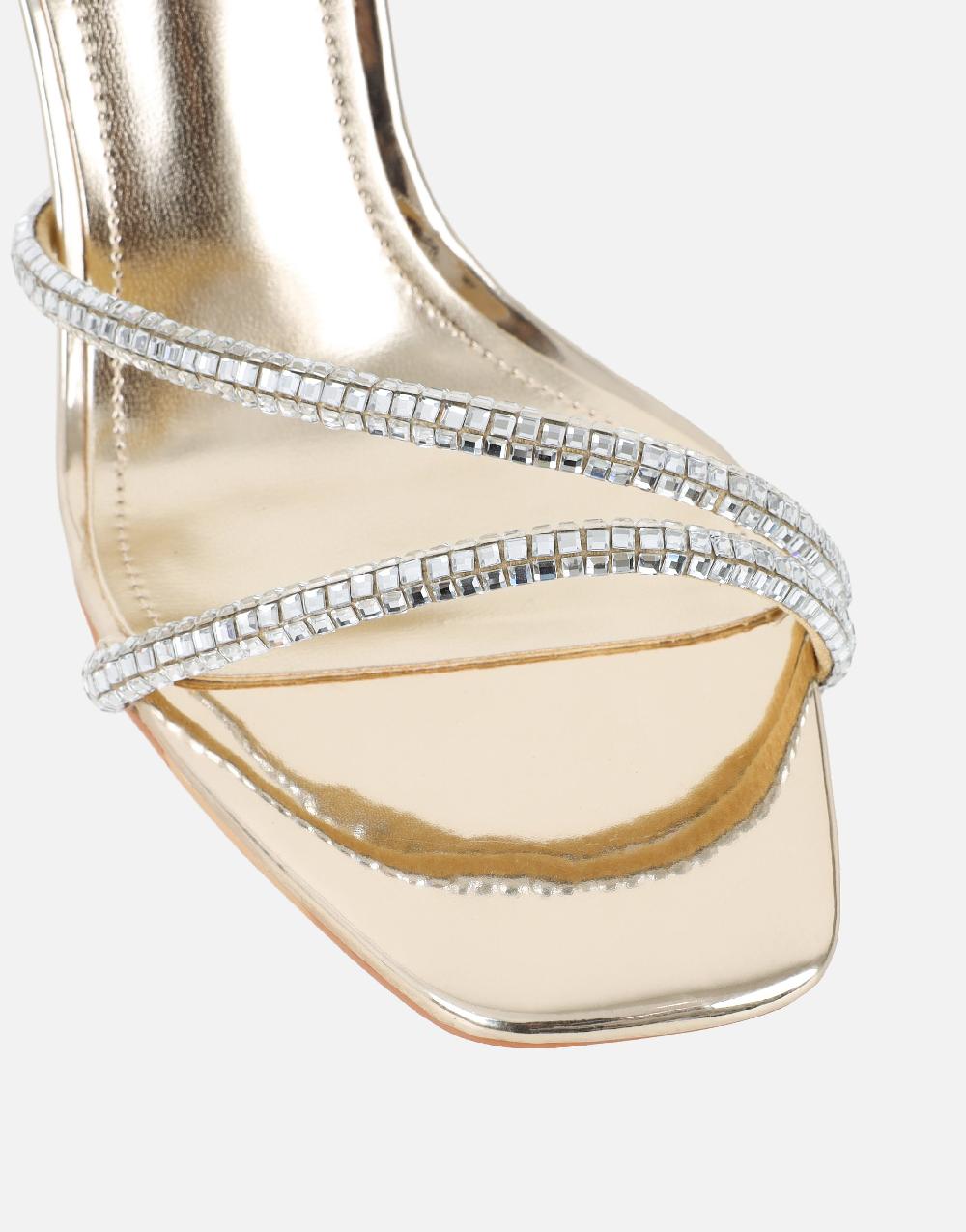 Simmi Gold Mirror Diamante Heeled Sandals