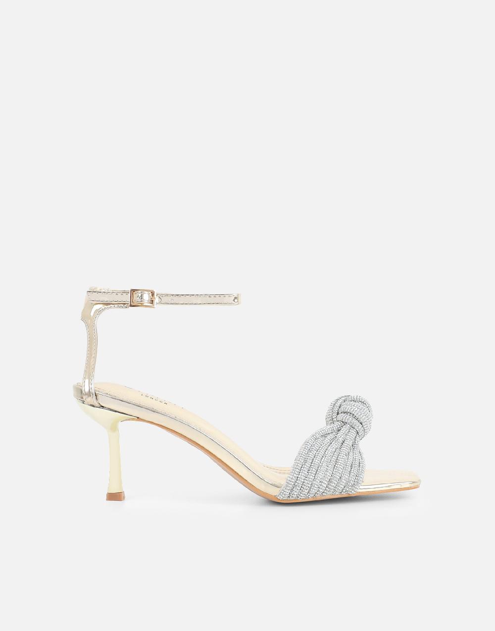 Simmi Gold Mirror Diamante Knot Heeled Sandals
