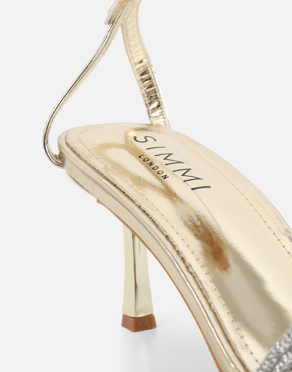 Simmi Gold Mirror Diamante Knot Heeled Sandals