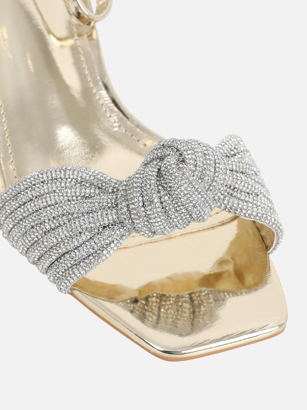 Simmi Gold Mirror Diamante Knot Heeled Sandals