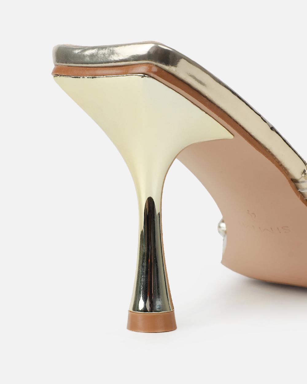 Simmi Gold Mirror Diamante Mid Heel Mules