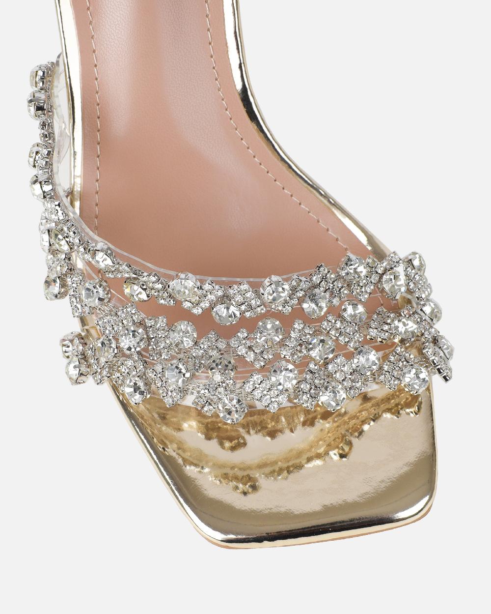 Simmi Gold Mirror Diamante Mid Heel Mules
