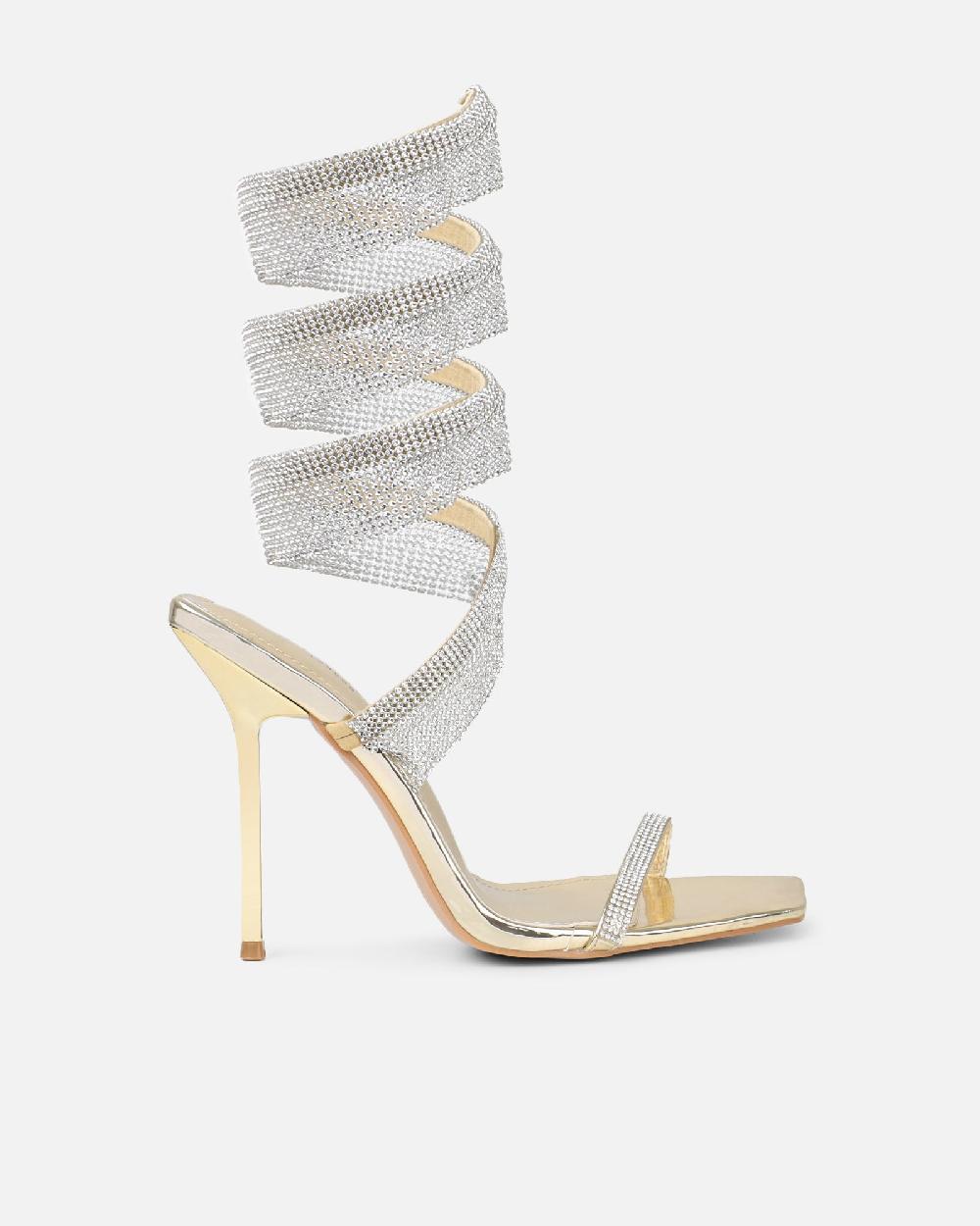 Simmi Gold Mirror Diamante Spiral Heeled Sandals
