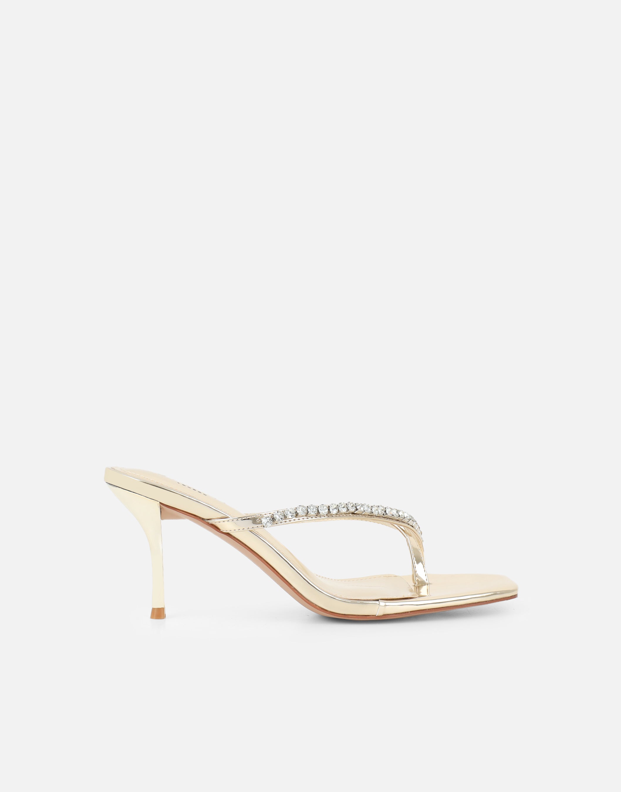Simmi Gold Mirror Diamante Toe Post Mules