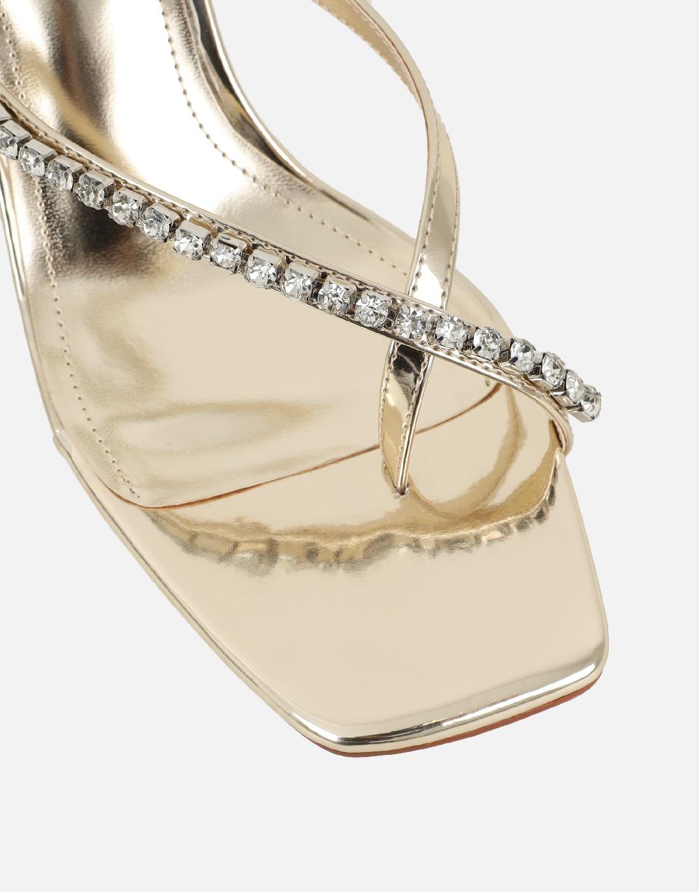Simmi Gold Mirror Diamante Toe Post Mules