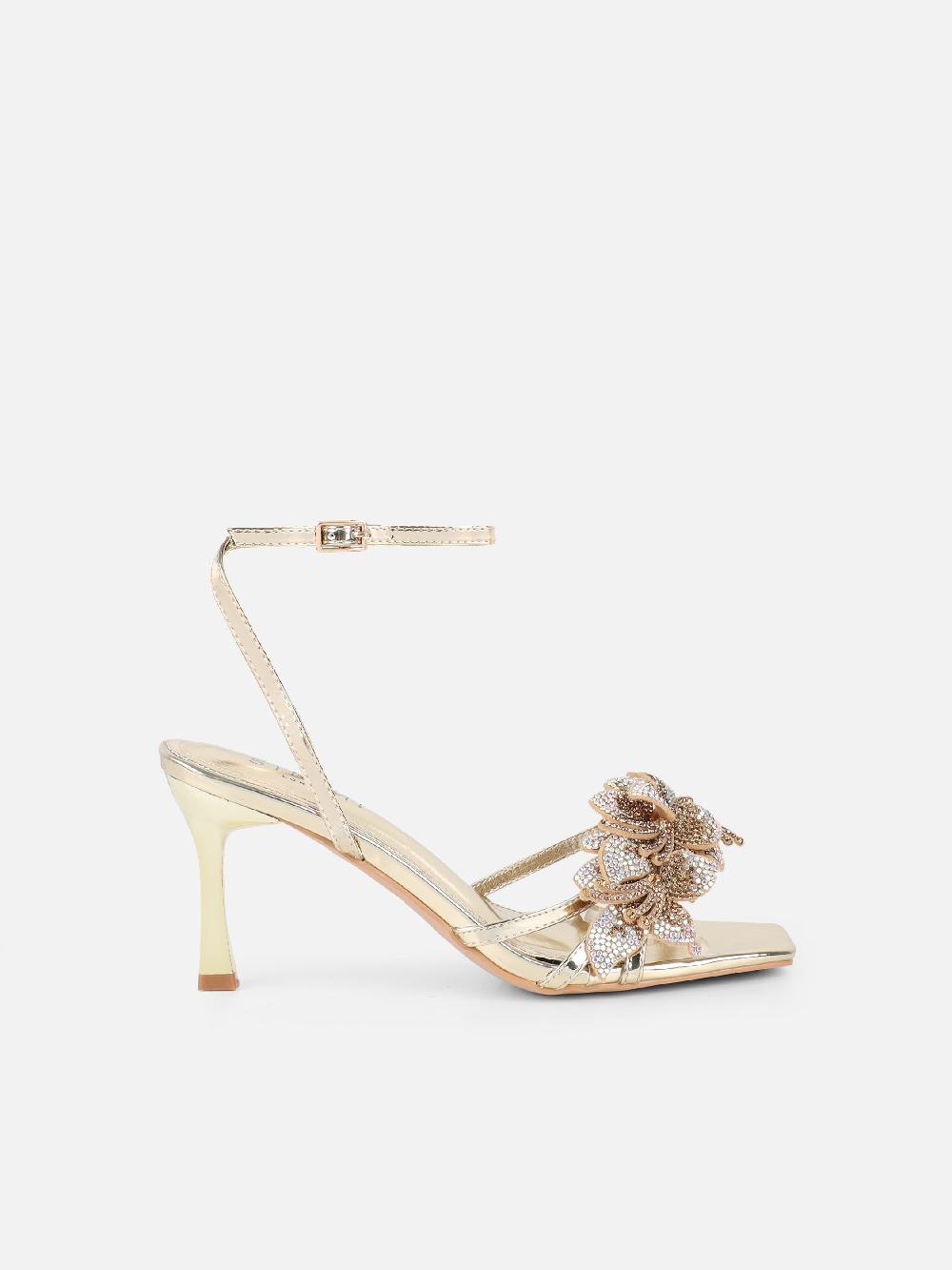 Simmi Gold Mirror Flower Detail Heeled Sandals