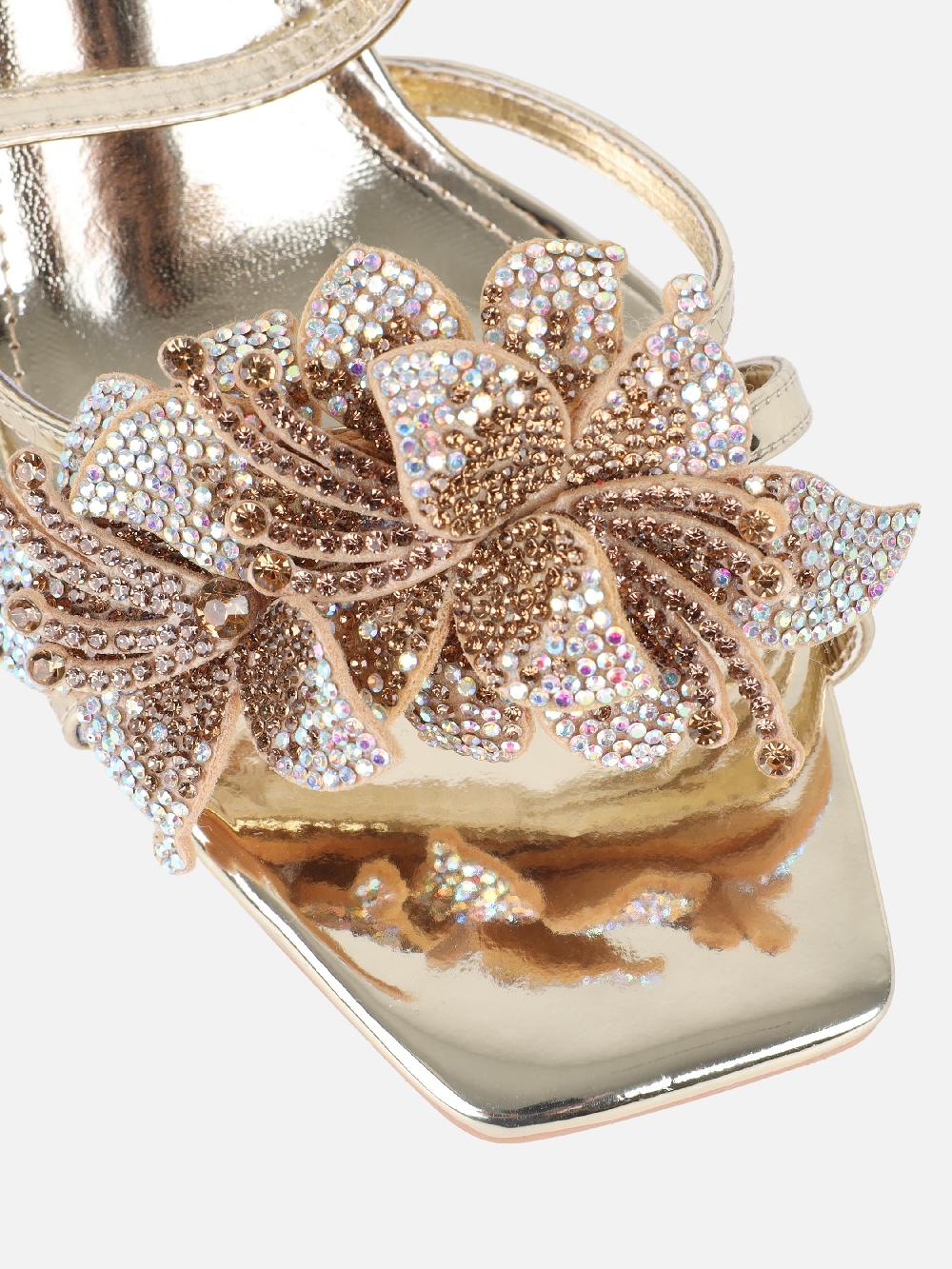 Simmi Gold Mirror Flower Detail Heeled Sandals