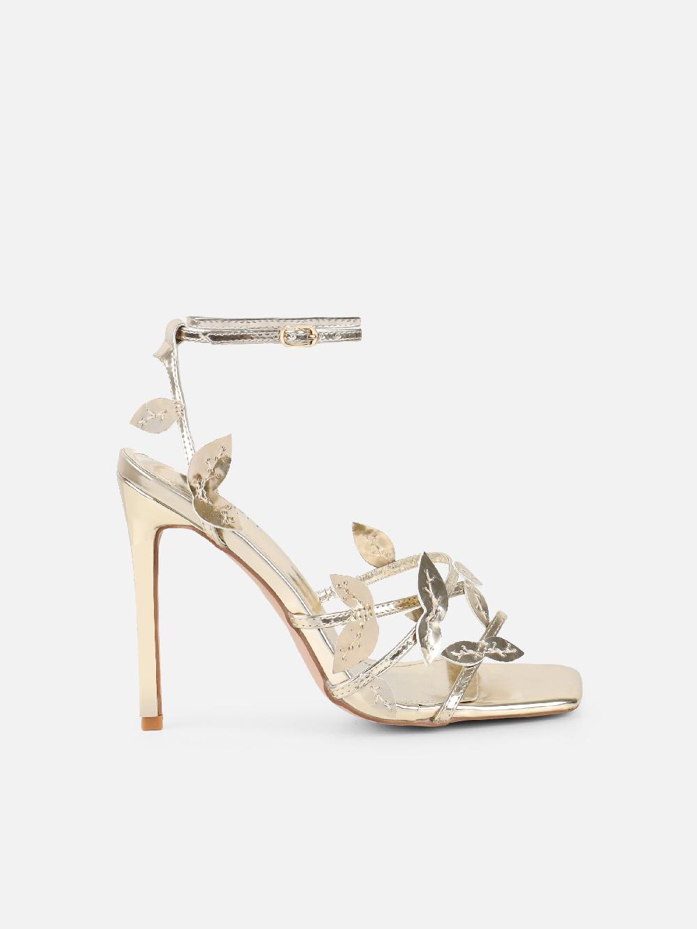 Simmi Gold Mirror Leaf Detail Heeled Sandals