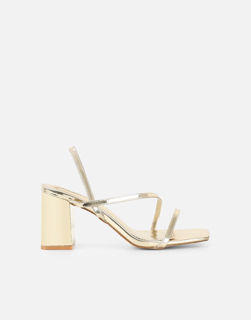 Simmi Gold Mirror Strappy Block Heeled Sandals