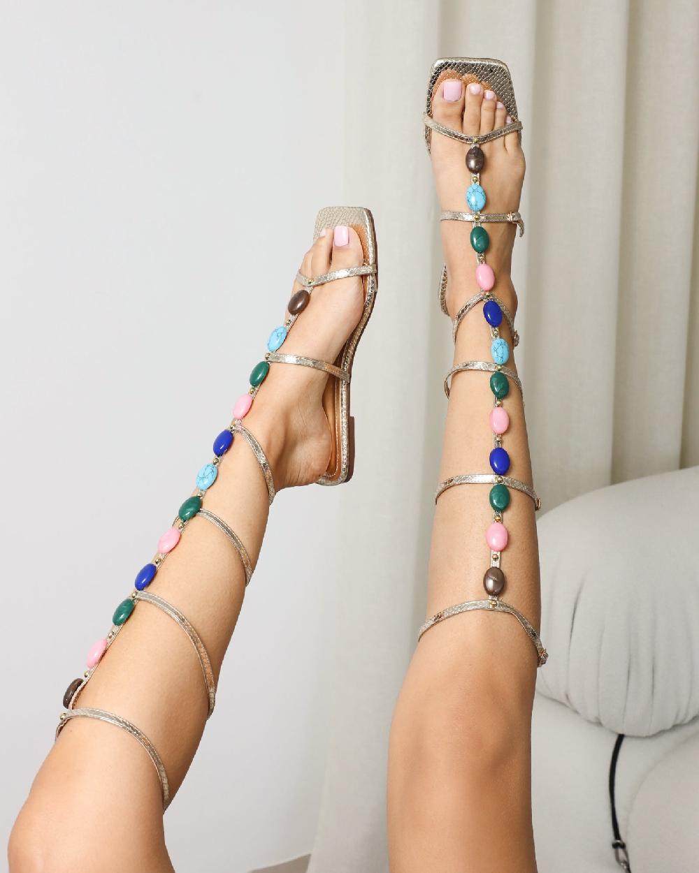 simmi Gold Snake Embellished Knee High Sandals