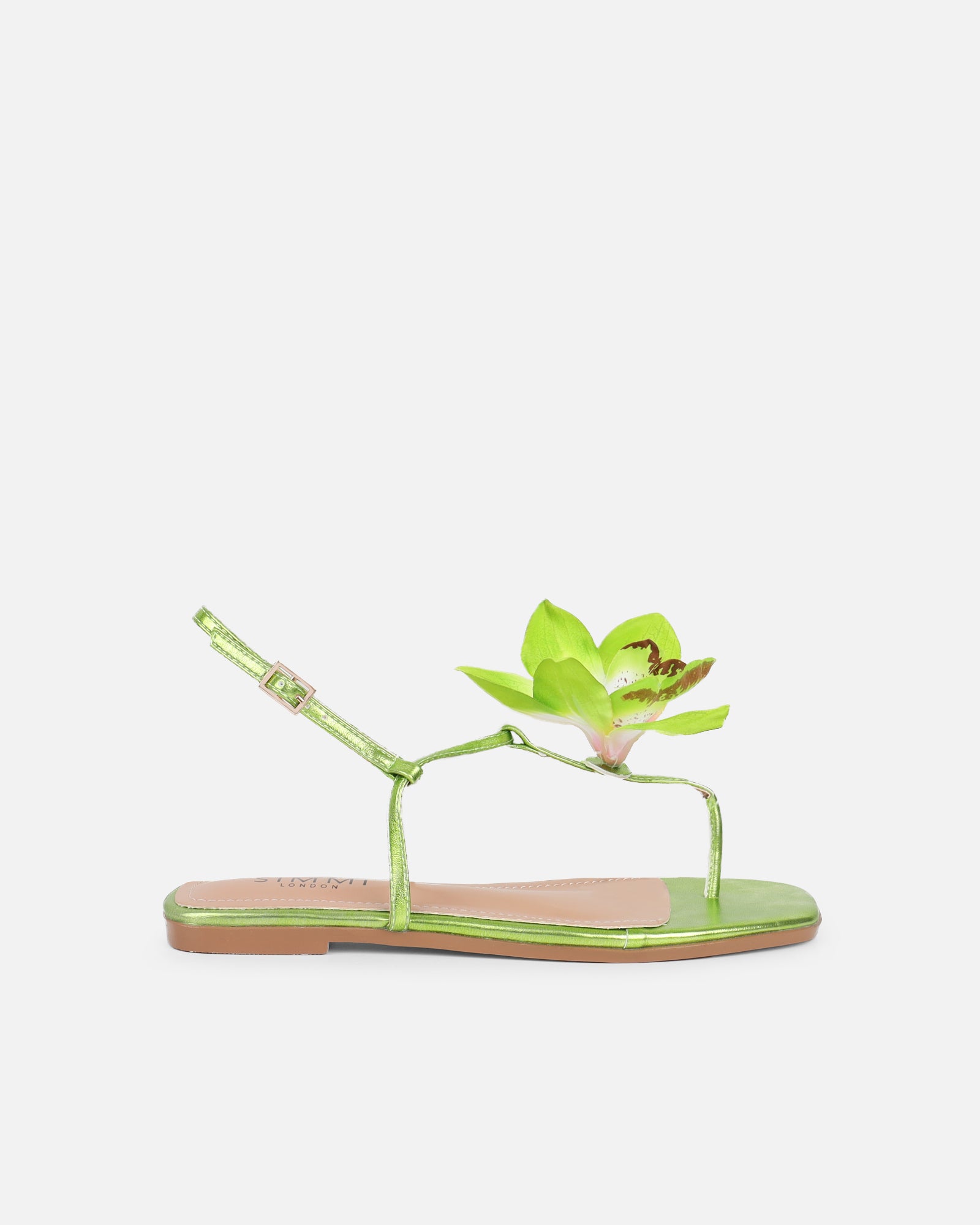 Simmi Green Metallic Flower Detail Sandals