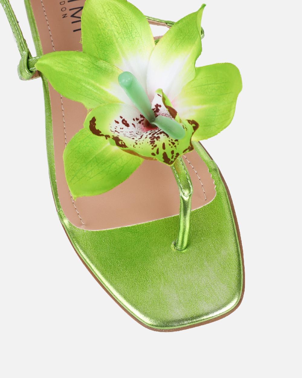 Simmi Green Metallic Flower Detail Sandals