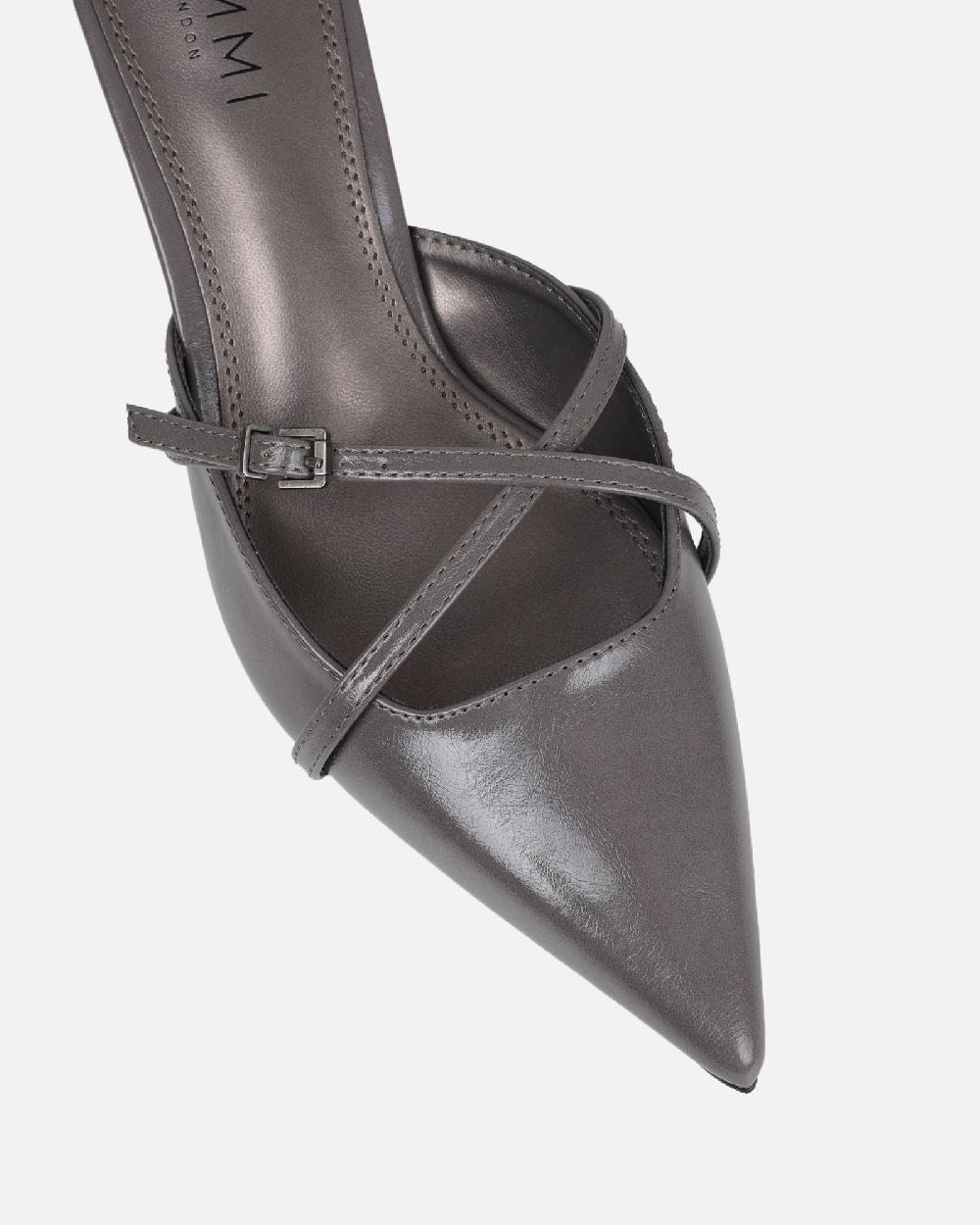 Simmi Grey Low Heel Buckle Mules