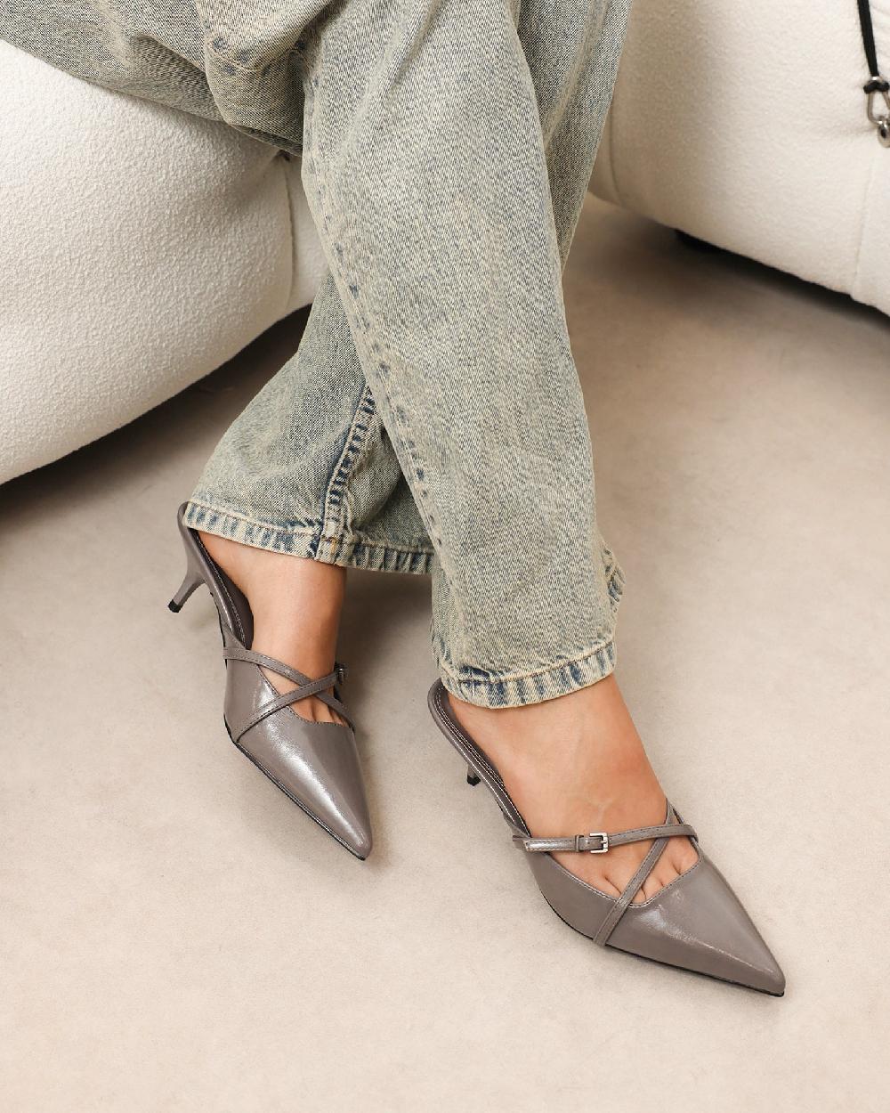 simmi grey low heel buckle mules