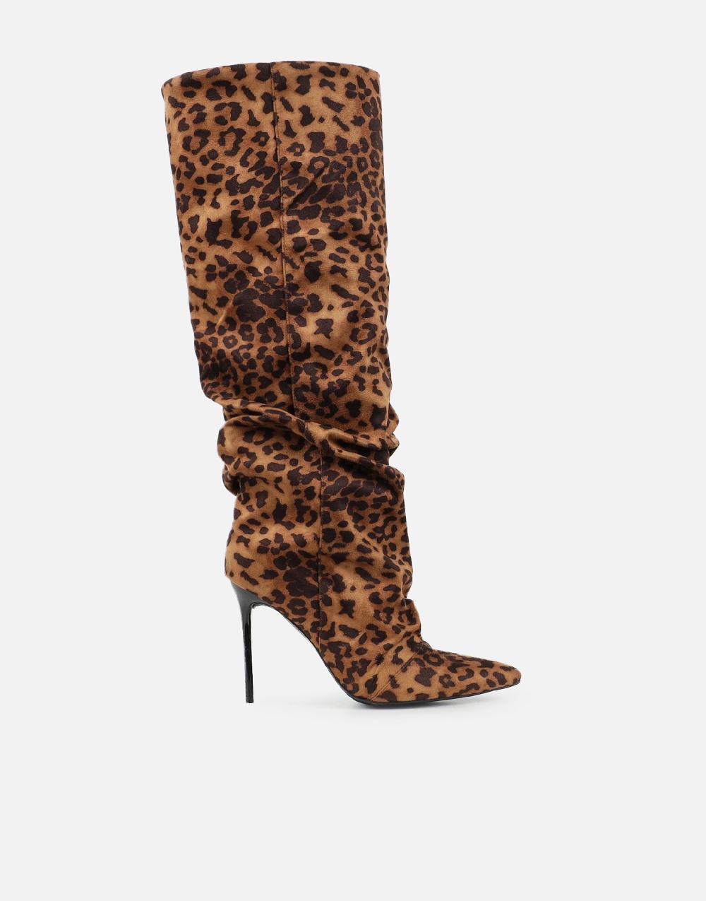 Simmi Leopard Suede Ruched Heeled Boots