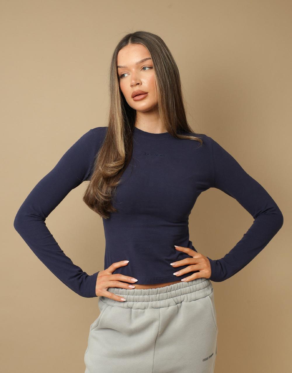 simmi Long Sleeve Soft Cotton T-Shirt In Navy