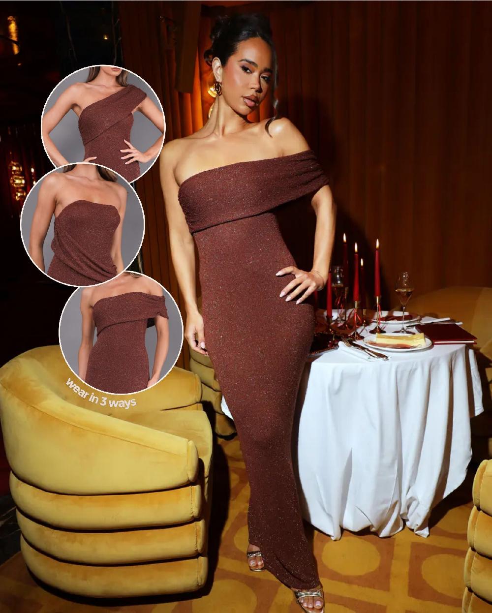 Simmi Lurex Boucle Knitted Maxi Dress In Brown