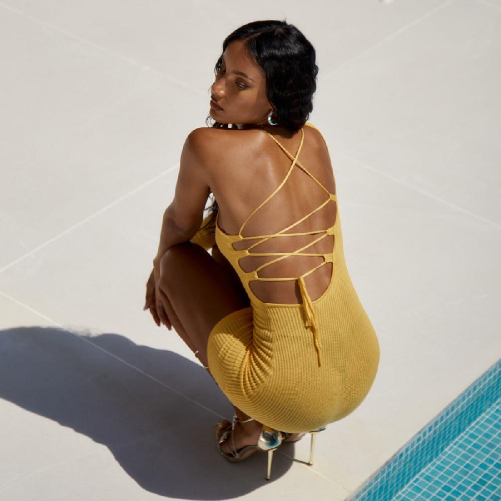 simmi Mango Rib Knit Lace Up Back Mini Dress