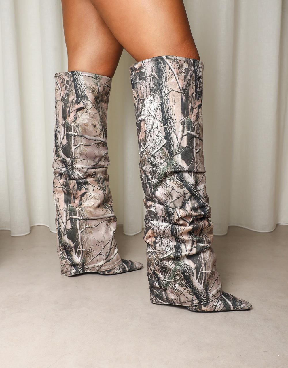 simmi Natural Print Fold Over Heeled Boots