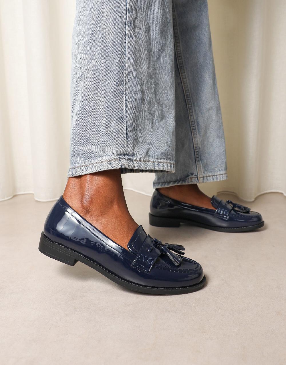 simmi Navy Patent Tassel Loafers