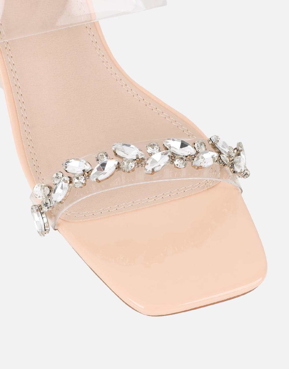 Simmi Nude Patent Clear Diamante Heeled Sandals