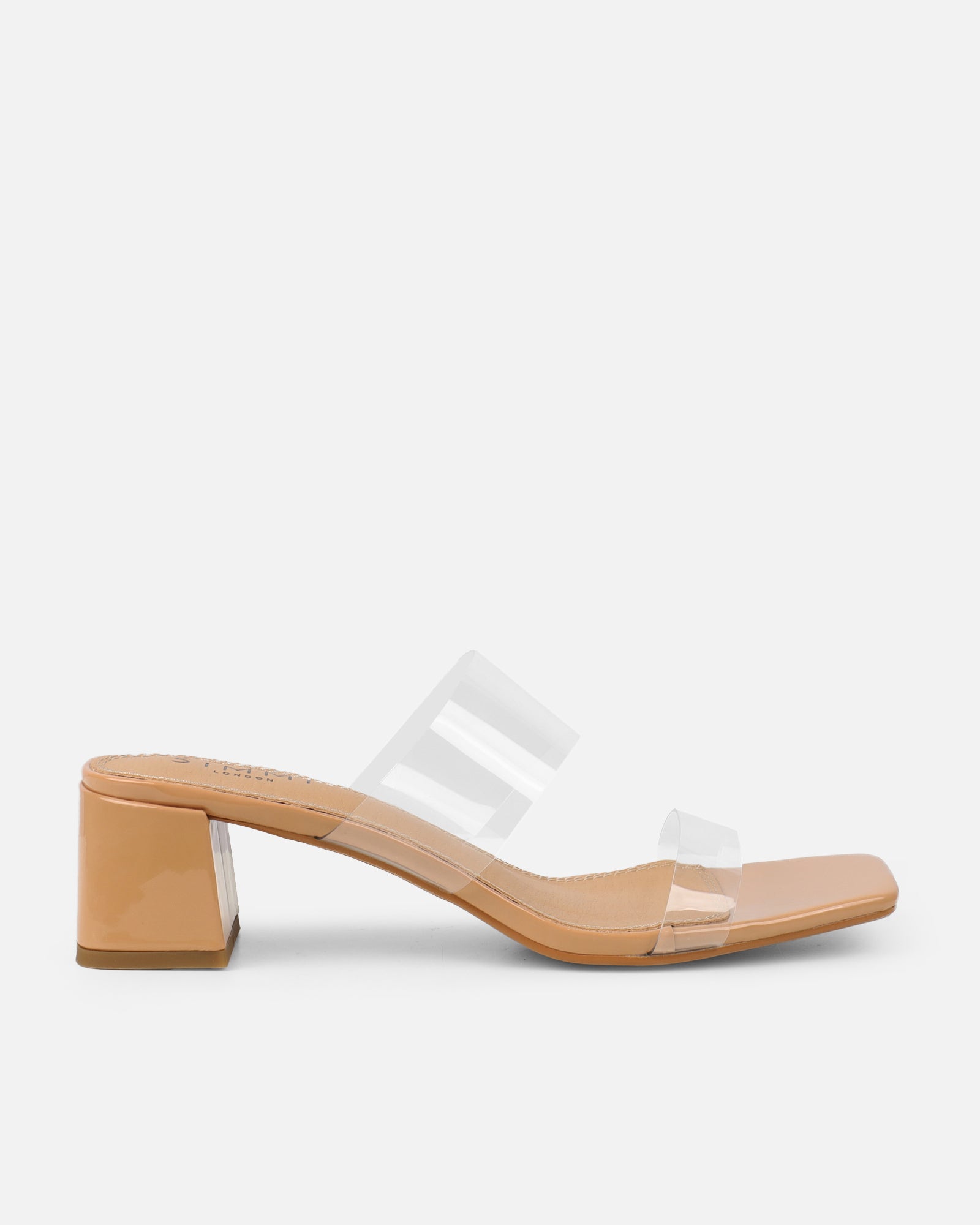 Simmi Nude Patent Clear Low Block Heeled Sandals