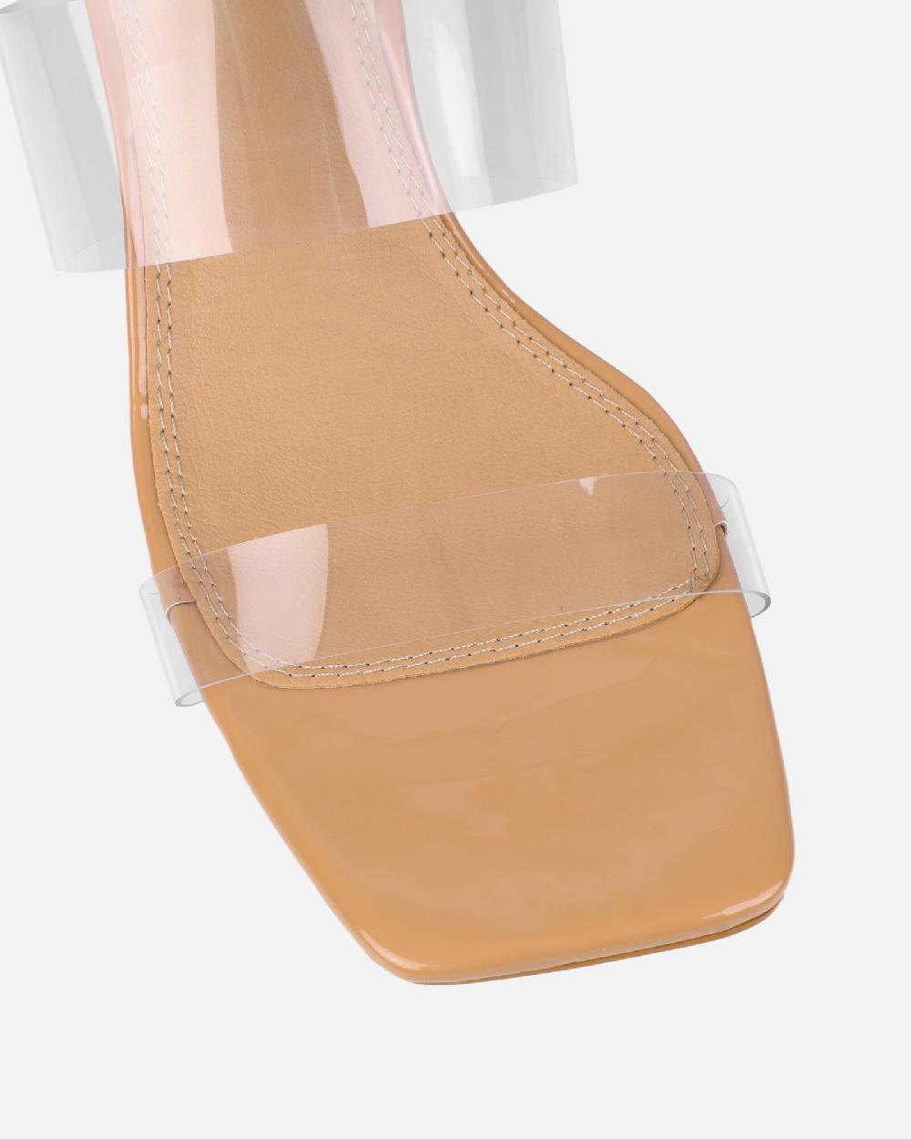 Simmi Nude Patent Clear Low Block Heeled Sandals
