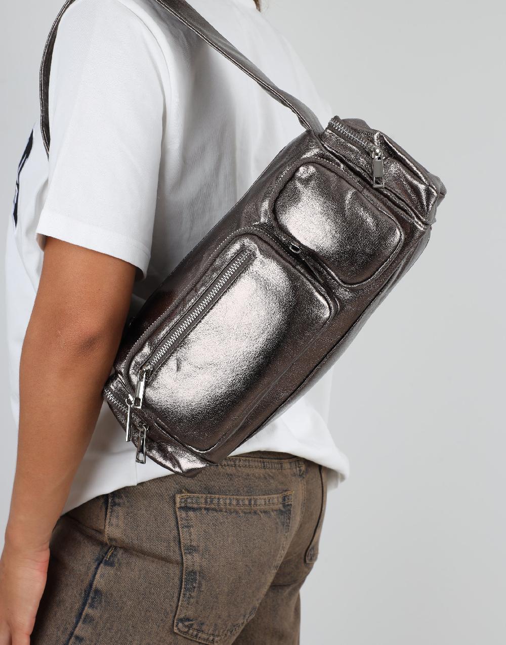 Simmi Pewter Metallic Barrel Utility Shoulder Bag