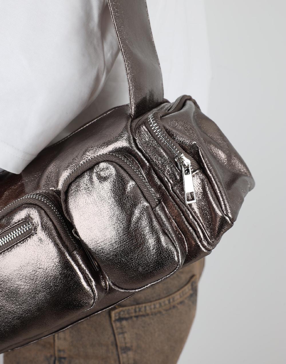 Simmi Pewter Metallic Barrel Utility Shoulder Bag