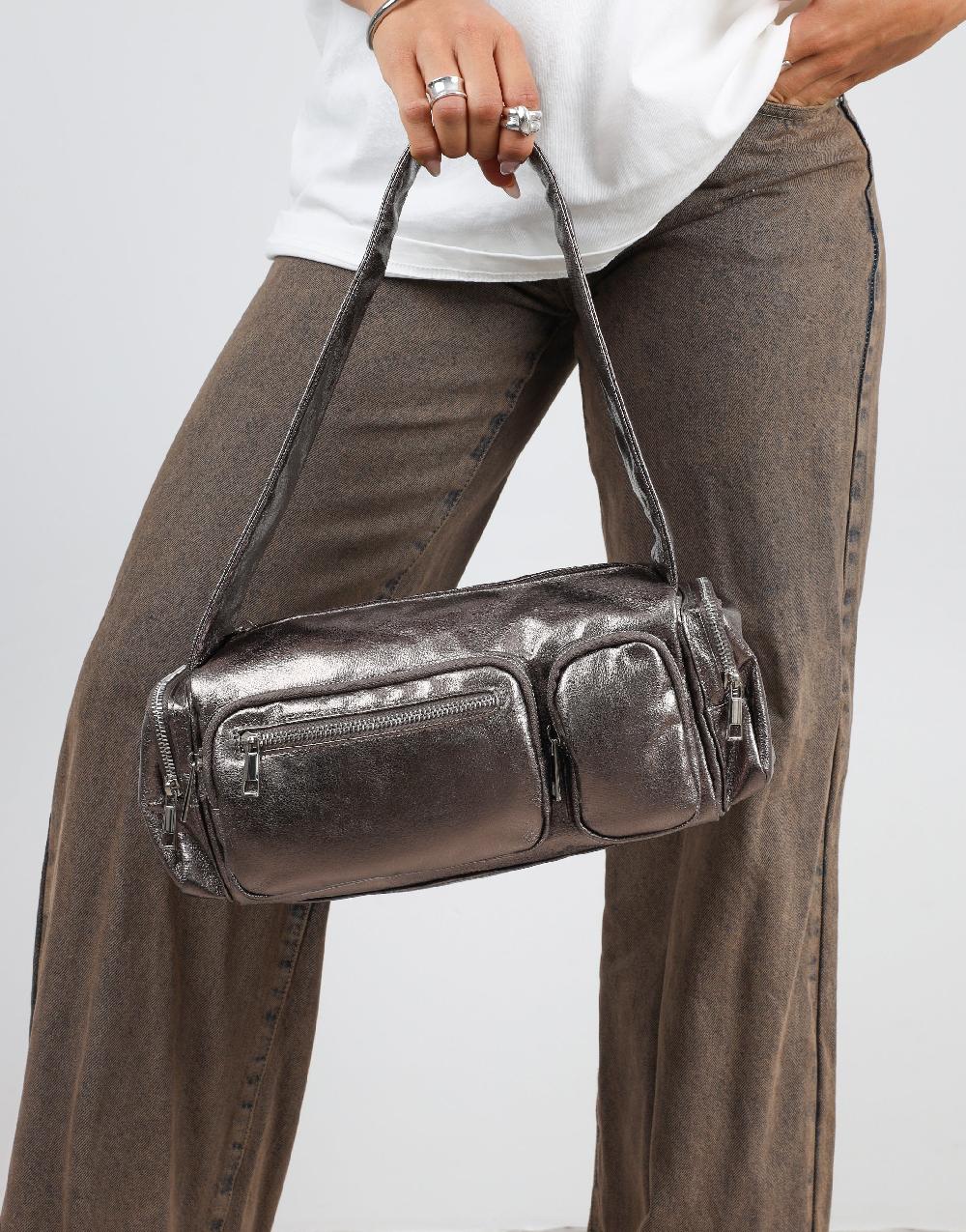 simmi Pewter Metallic Barrel Utility Shoulder Bag