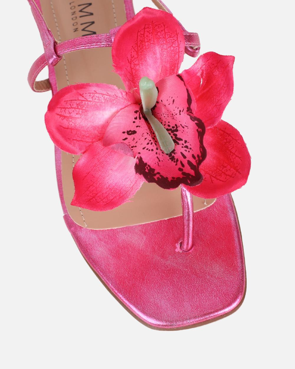 Simmi Pink Metallic Flower Detail Flat Sandals