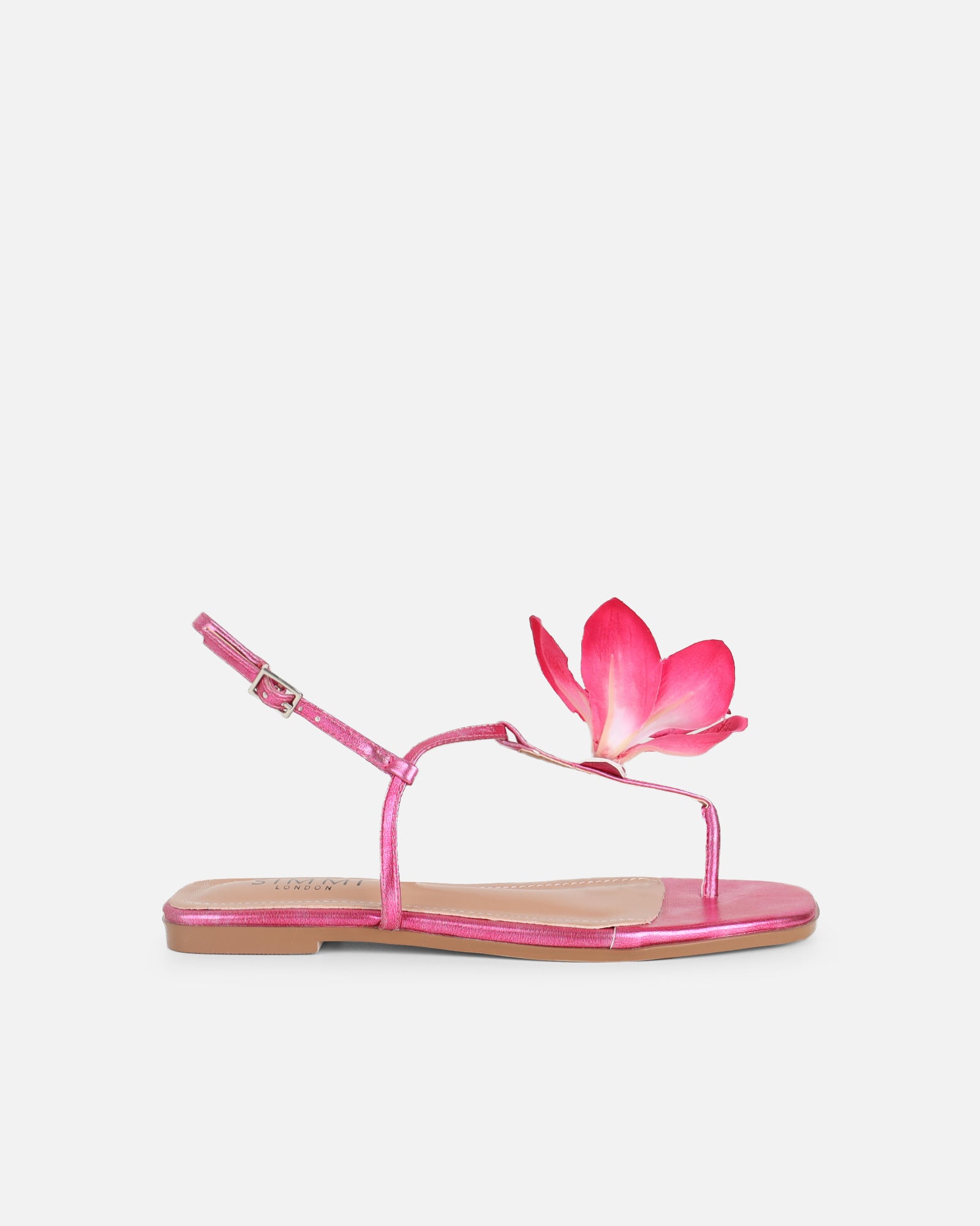 Simmi Pink Metallic Flower Detail Flat Sandals