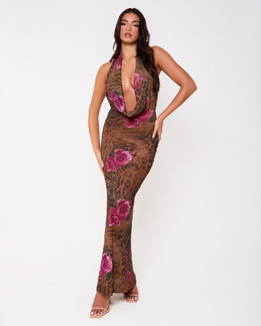 Simmi Print Extreme Cowl Neck Maxi Dress