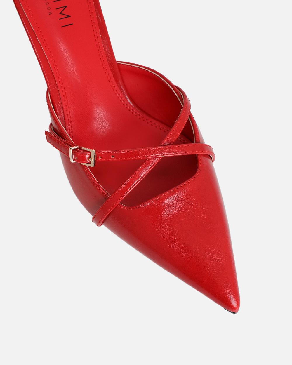 Simmi Red Low Heel Buckle Mules