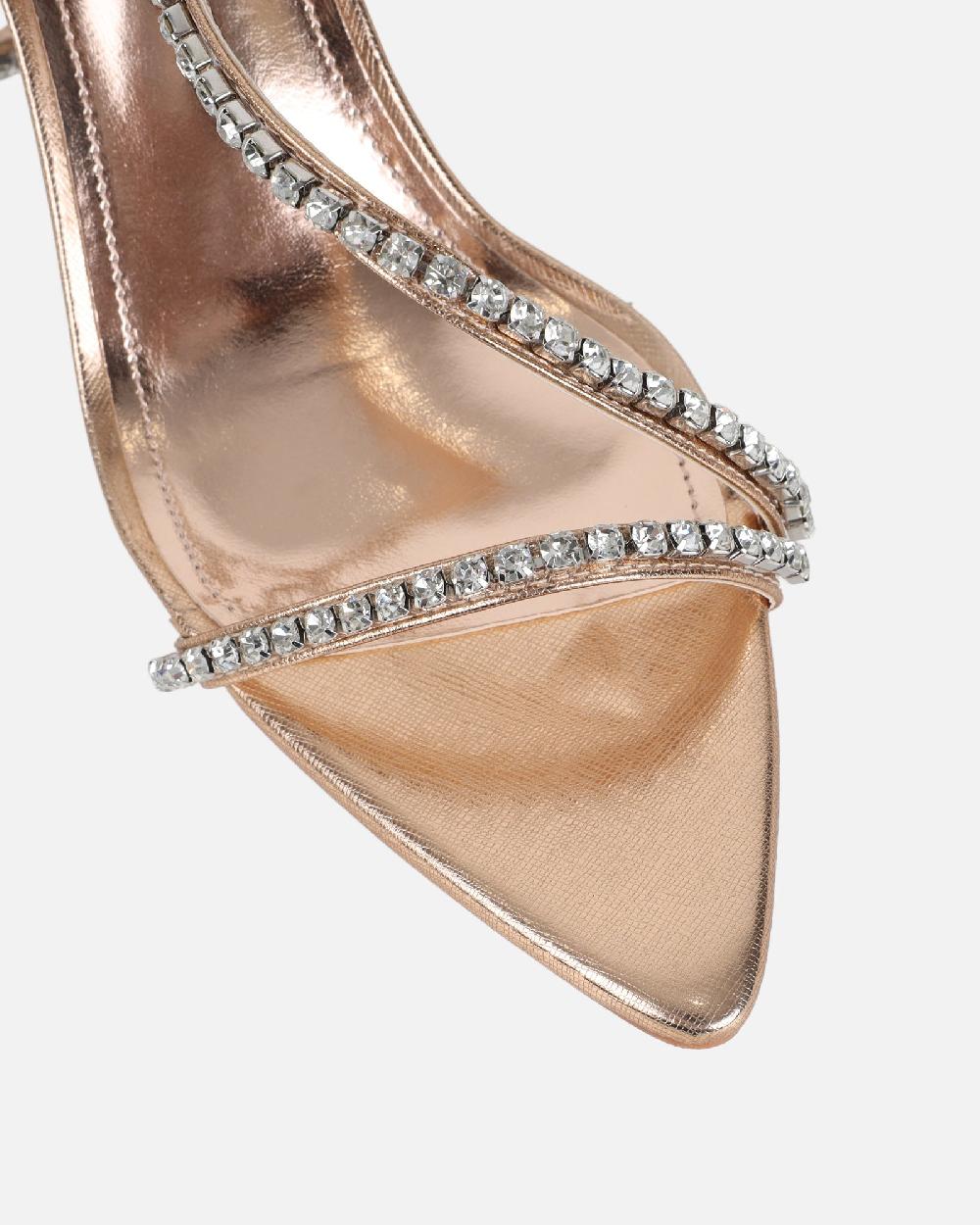 Simmi Rose Gold Mirror Diamante Heeled Sandals