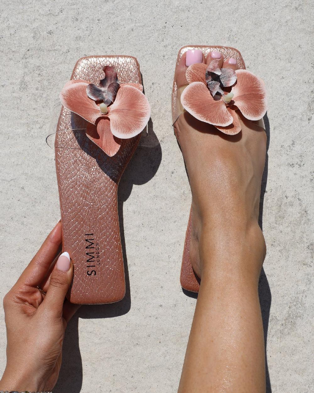 simmi Rose Gold Snake Flower Slip on Flats