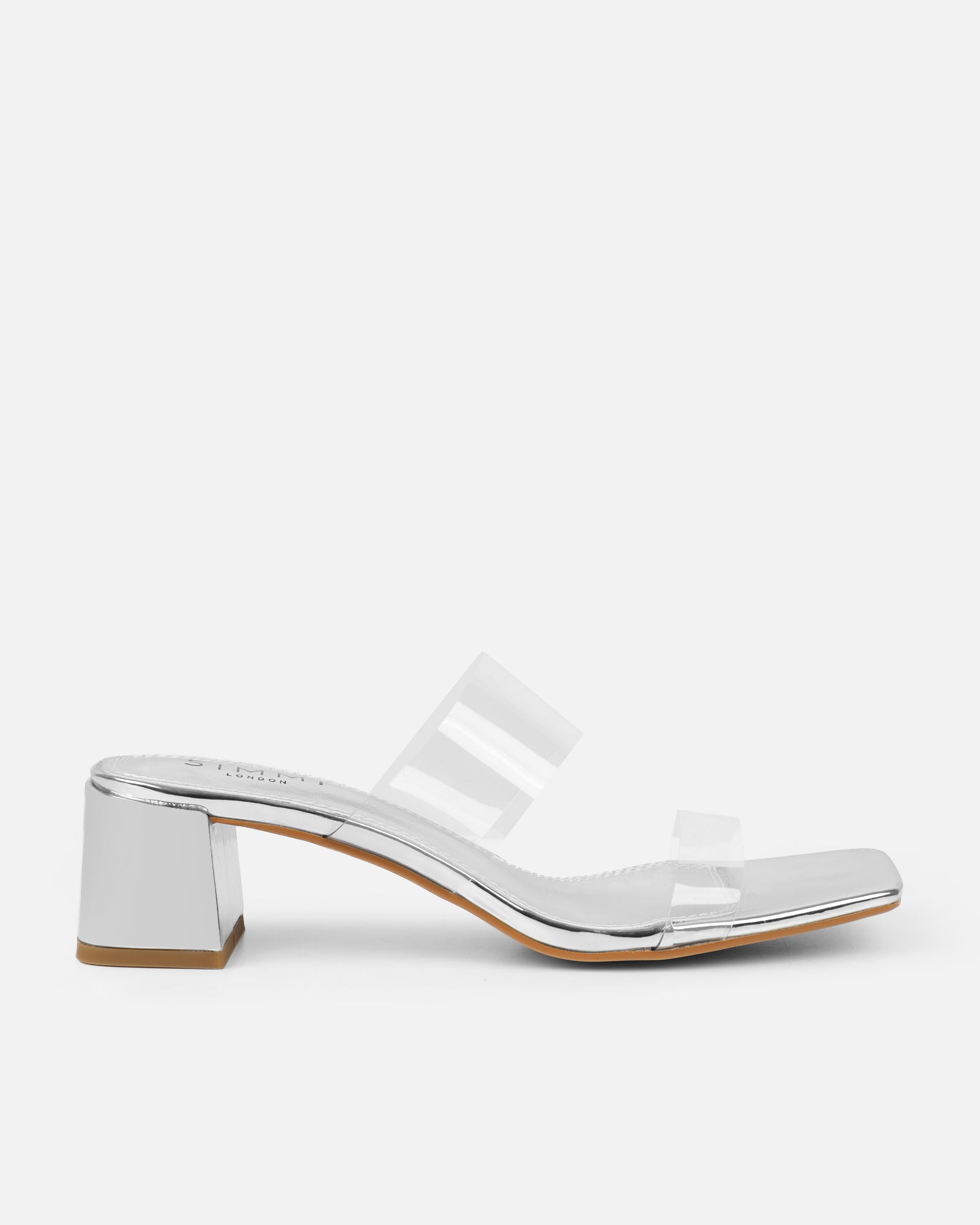 Simmi Silver Clear Low Block Heeled Sandals